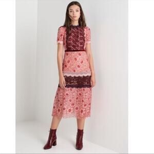 Foxiedox Sadie Dress Lace Midi Short Sleeve Floral 2 Pink Burgundy